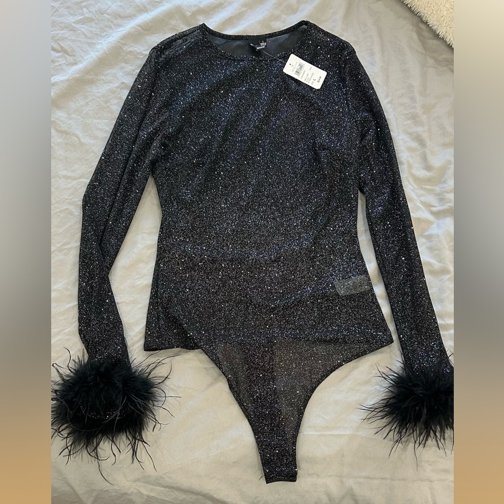 Windsor Black Glitter Bodysuit with Feather Accents
